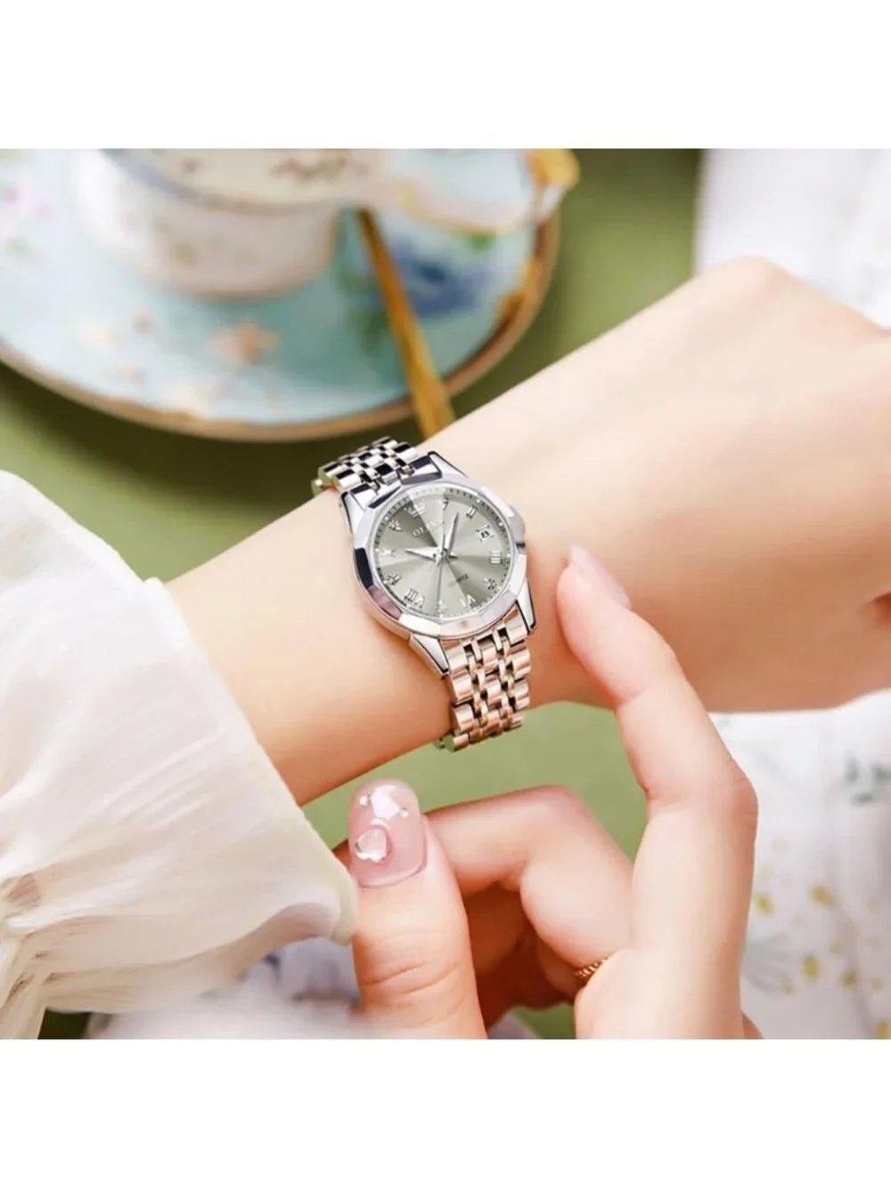 Women’s Grey White Luxury Stainless Steel Waterproof Quartz Analog Dress Watch